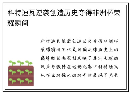 科特迪瓦逆袭创造历史夺得非洲杯荣耀瞬间