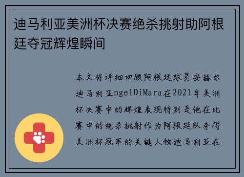 迪马利亚美洲杯决赛绝杀挑射助阿根廷夺冠辉煌瞬间