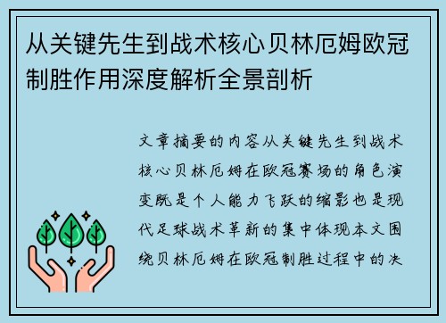 从关键先生到战术核心贝林厄姆欧冠制胜作用深度解析全景剖析