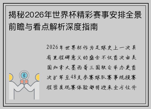揭秘2026年世界杯精彩赛事安排全景前瞻与看点解析深度指南 揭秘2026年世界杯精彩赛事安排全景前瞻与看点解析深度指南