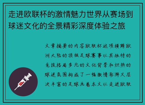 走进欧联杯的激情魅力世界从赛场到球迷文化的全景精彩深度体验之旅